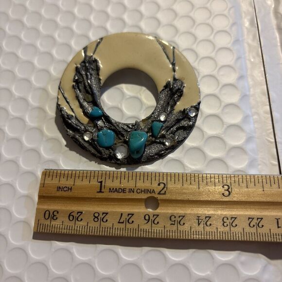 Vintage LA RAGE Runway Brooch Enamel Rhinestone Southwestern Southwest Motif 2.5 - Picture 1 of 5